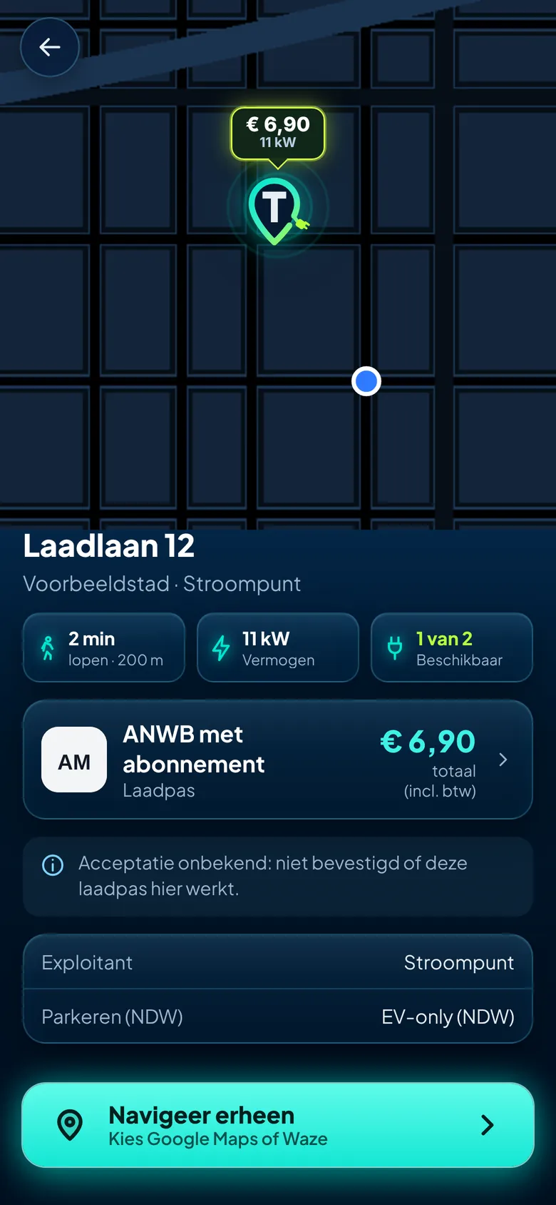 Laadplek in Teus met loopafstand, vermogen, beschikbaarheid en Navigeer erheen