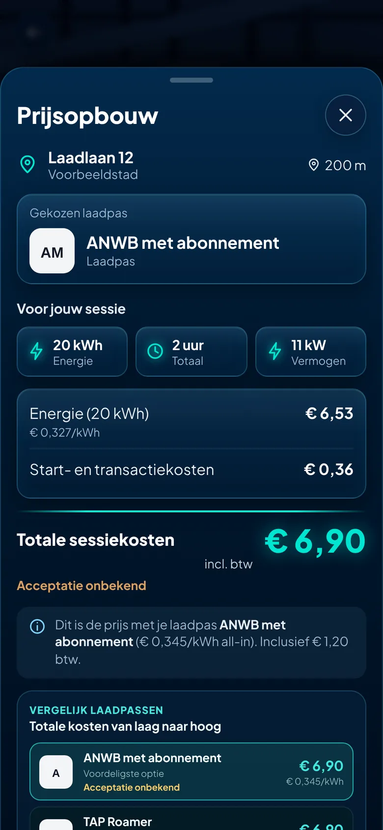 Prijsopbouw in Teus: energie, start- en transactiekosten, totale sessiekosten en vergelijking van laadpassen