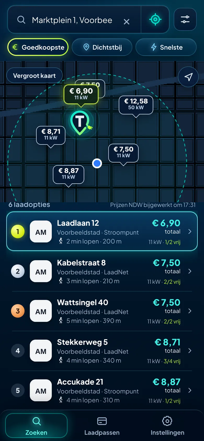 Resultaten in Teus: kaart met prijzen en een lijst met totale prijs, loopafstand en beschikbaarheid