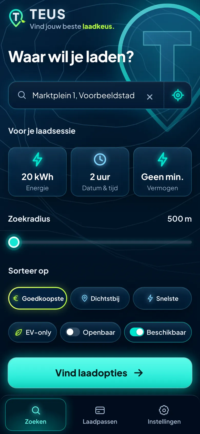 Startscherm van Teus met bestemming, laadsessie en sorteerkeuze